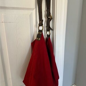Lucky Brand Deep Red Suede LeatherTote Bag with Brown Straps